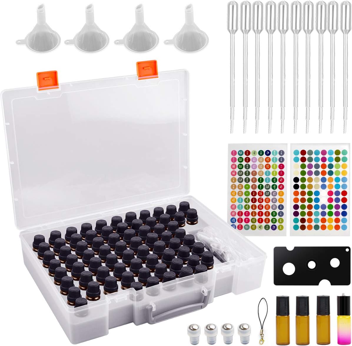 Essential Oil Storage Case Contains 73 Bottles and accessories with Stickers, Opener, Funnels, Pipettes, Bottles Organizer Holder Container (Not Include Bottles)