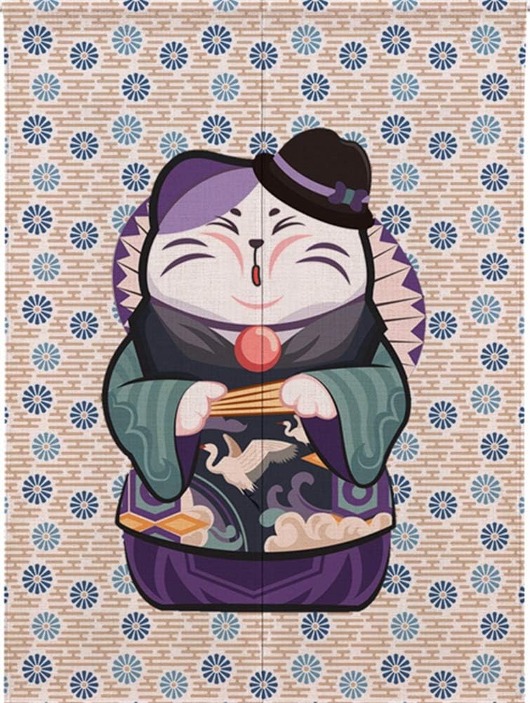 Ommda Cotton Maneki Neko Printed Japanese Noren Divider Doorway Curtain Tapestry with Rod for Home Decoration,Purple Cat,85x170cm(33.5"x67")