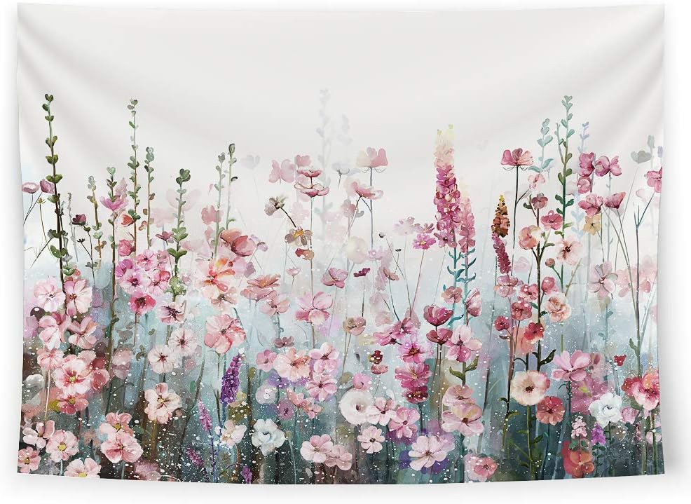 SUMGAR Colorful Flowers Tapestry Wall Hanging Pink Floral Romantic Wildflower Plants Nature Scenery Tapestries Decoration for Bedroom Living Room, 80 x 60 inch