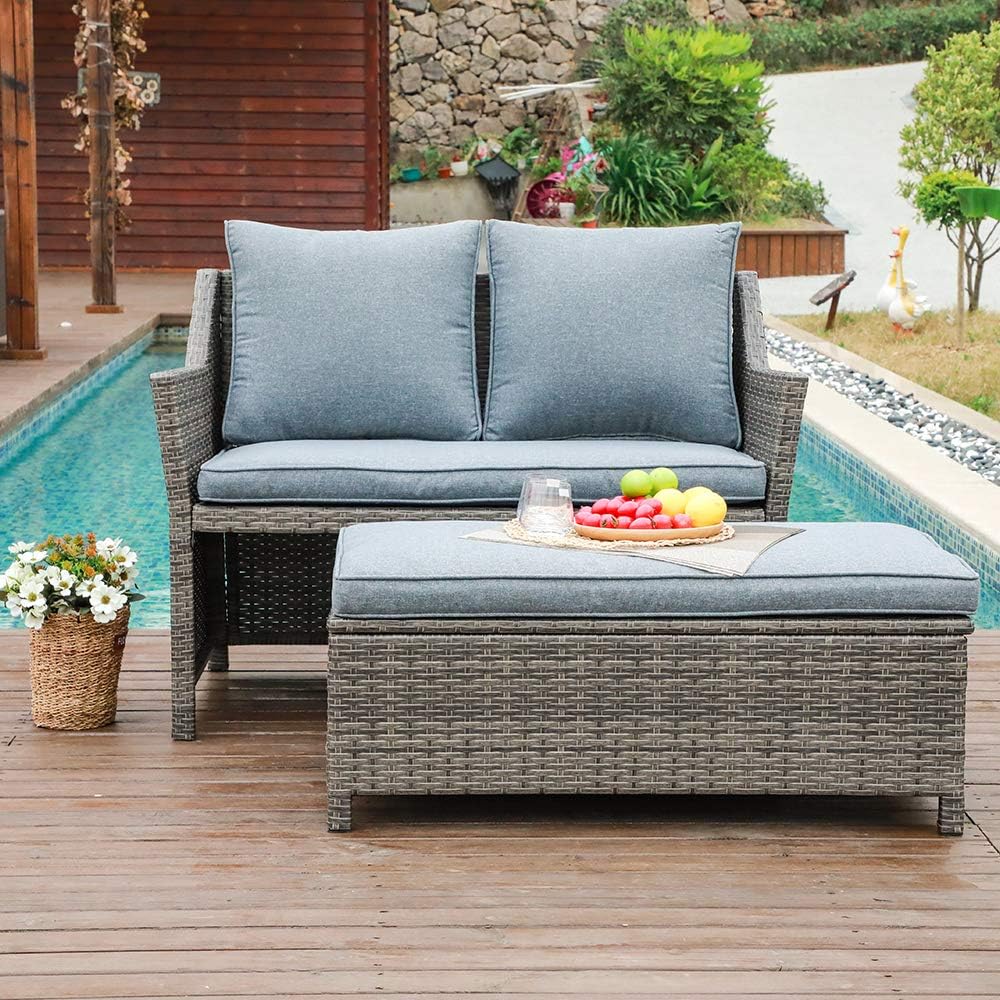 OC Orange-Casual 2-Piece Outdoor Patio Furniture Wicker Love-seat and Coffee Table Set, with Built-in Storage Bin, Grey Rattan, Grey Cushions