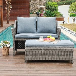 OC Orange-Casual 2-Piece Outdoor Patio Furniture Wicker Love-seat and Coffee Table Set, with Built-in Storage Bin, Grey Rattan, Grey Cushions
