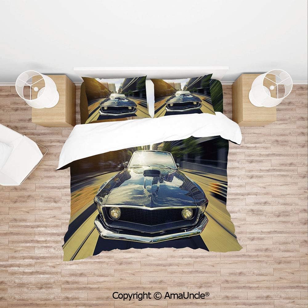 SCOCICI Vintage Classic Car in Urban Street Old Fashion Auto in Town Nostalgia Picture 4Pcs Bedding Set Duvet Cover Set Bedding for Decoration