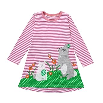 Kleider Mädchen, GJKK Baby Mädchen Herbst Kaninchen Gedruckt Stickerei Streifen Prinzessin Party T-Shirt Kleid Lange Ärmel Cr