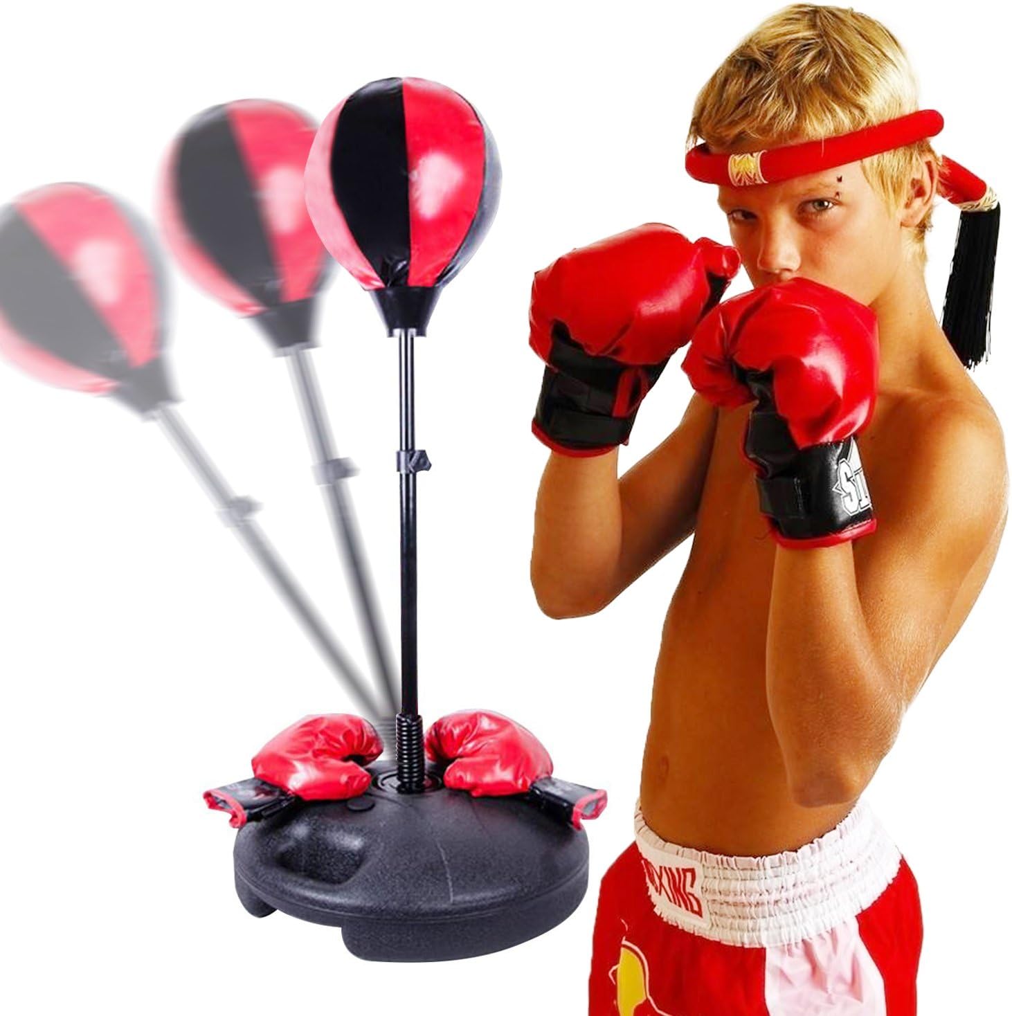 Freebex Boxing Punch & Play Adjustable Free Standing Speed Punching Bag,Boxing punching Speed Ball with Bounce-Back Base,with Boxing Gloves and Pump for Kids and Teenagers