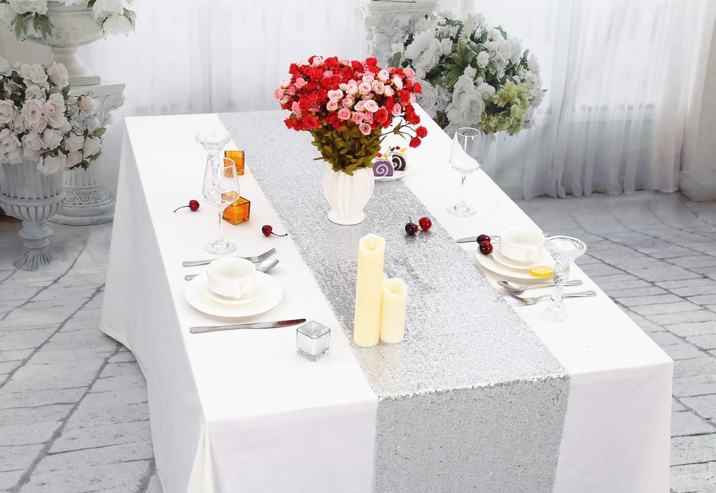 SquarePie Sequin Table Runner 12 x 108-Inch Silver Glitter Party Supplies Table Decorations for Wedding Birthday Baby Shower
