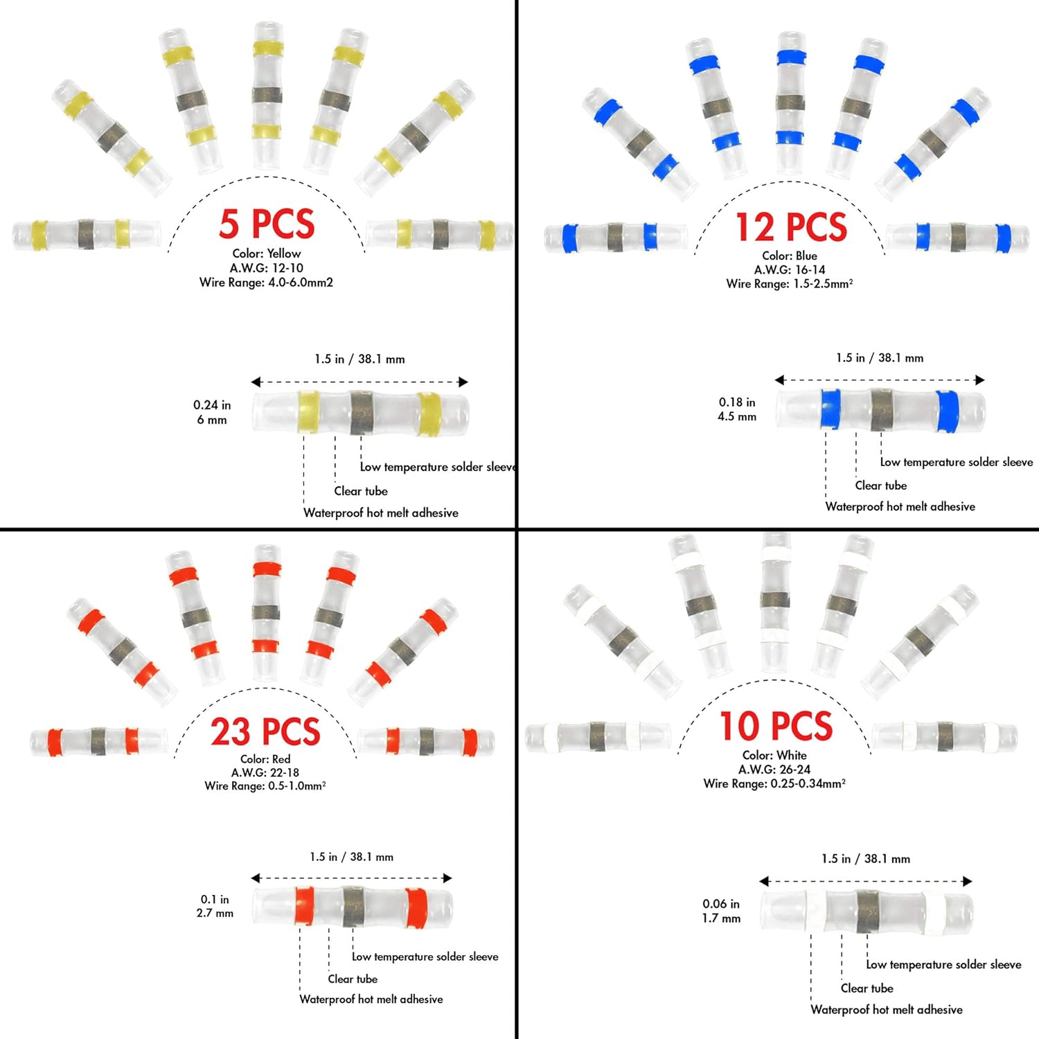 Audiology 50 PC Heat Shrink Butt Connectors Solder Seal Wire Connectors Kit, Color Coded Waterproof Solder Wire Connectors for Car Stereo, Automotive, Marine, and Home Wiring: Car Electronics