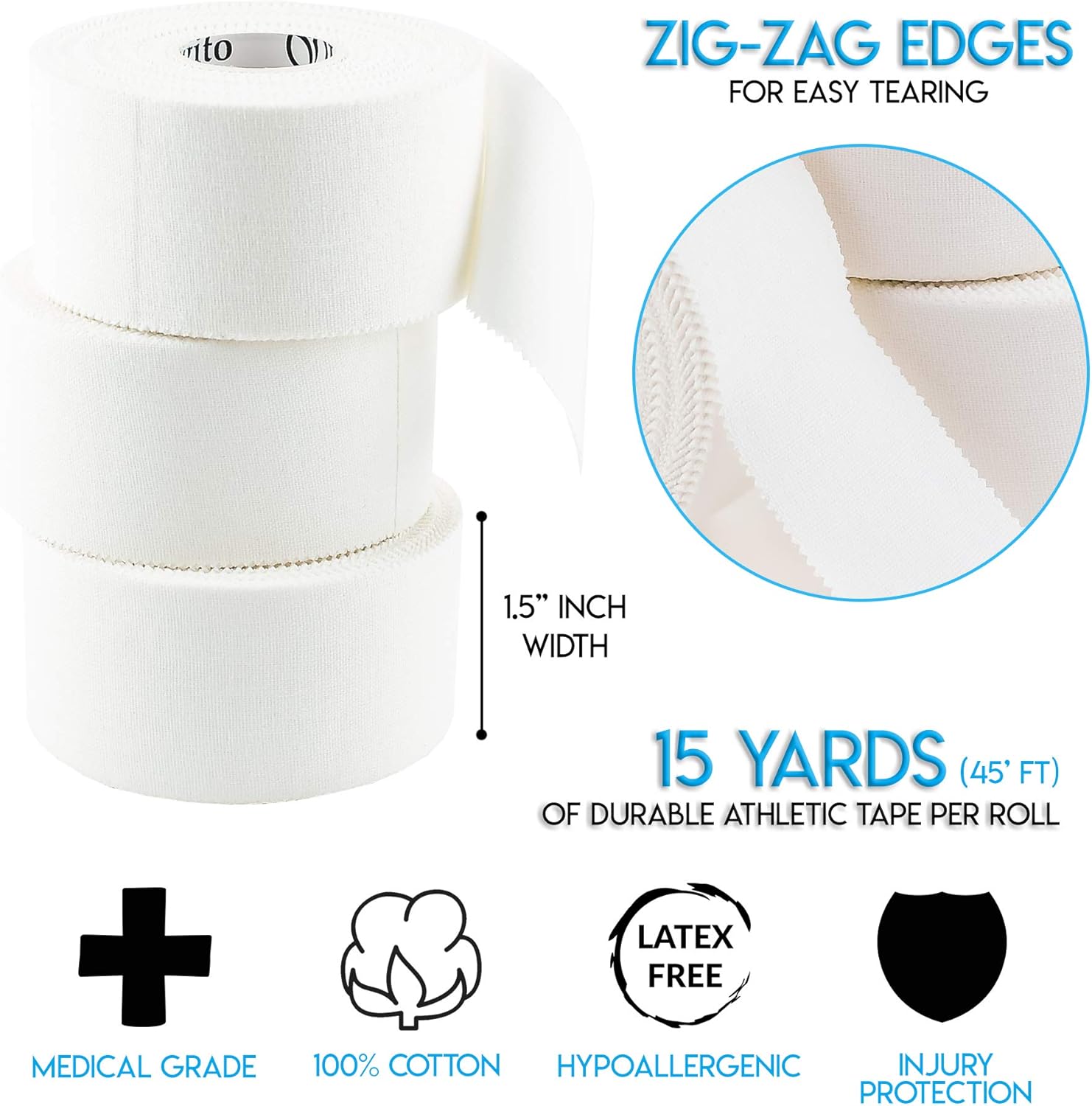 Athletic Sports Tape (White) 45ft | Strong Easy Tear |Perfect for Bats/Lacrosse/Hockey Sticks/Climbers and Boxing (3 Pack): Health & Personal Care