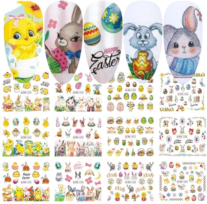 Easter Nail Art Stickers Water Transfer Nail Decals 12 Sheets Easter