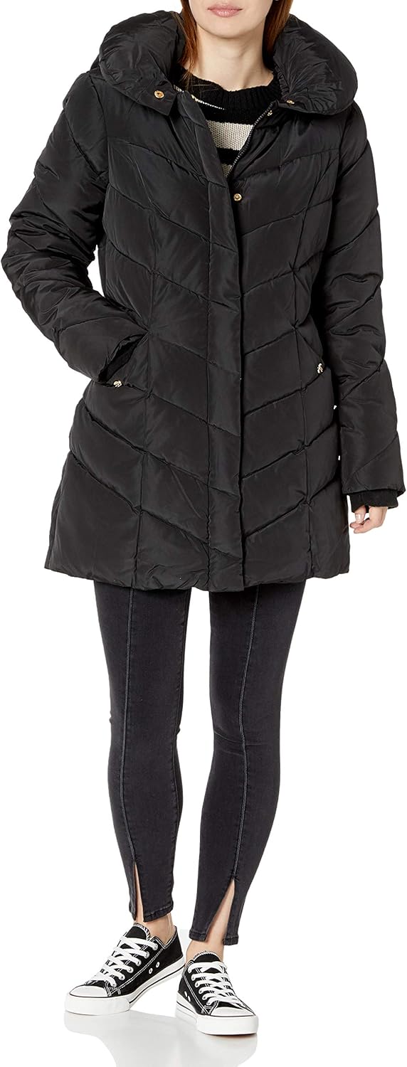 Steve Madden Women's Long Chevron Quilted Outerwear Jacket: Clothing