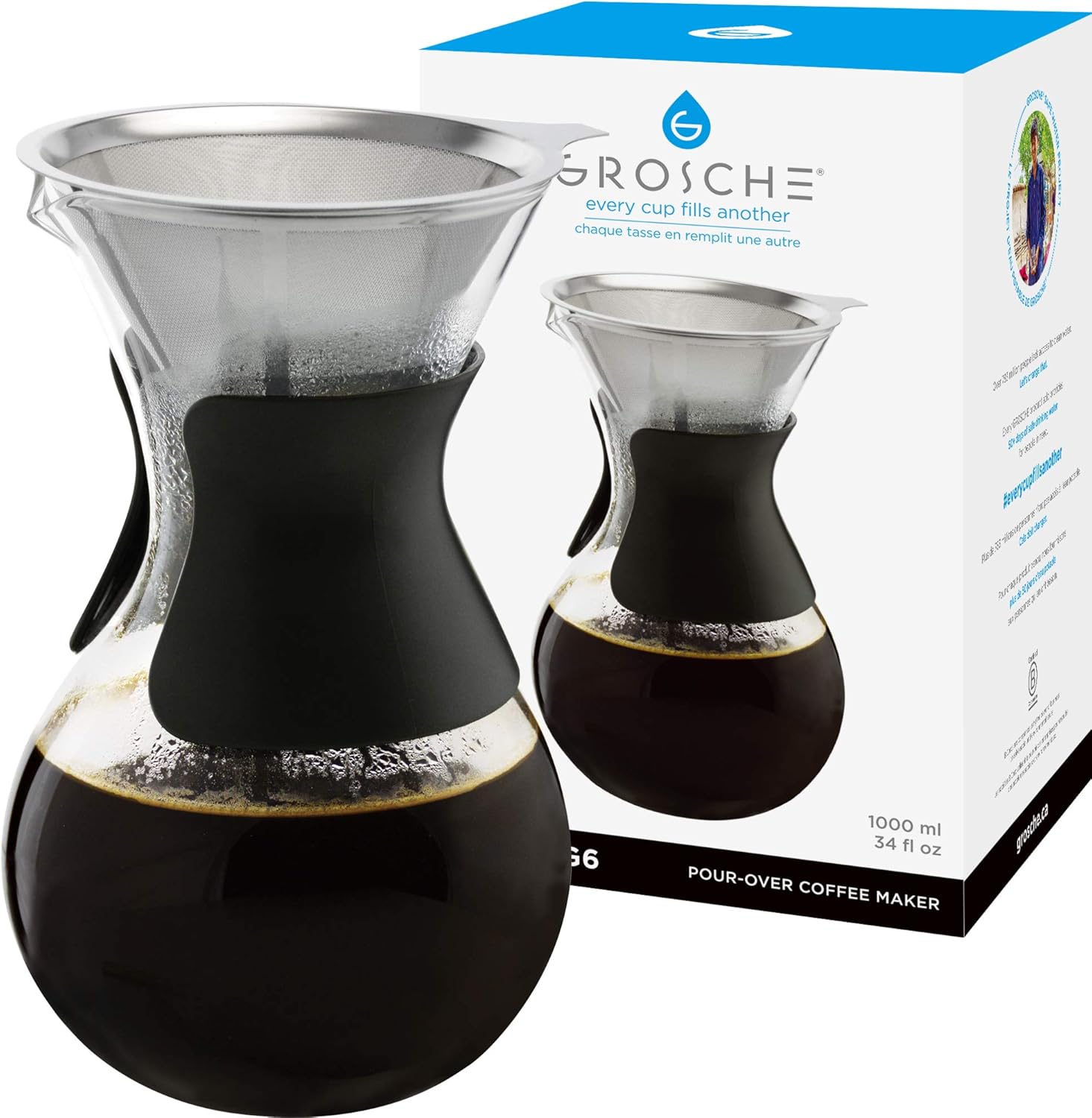 GROSCHE Austin G6 Pour over coffee maker, pour over coffee dripper with permanent stainless steel double layer coffee filter 34 fl oz 1000 ml