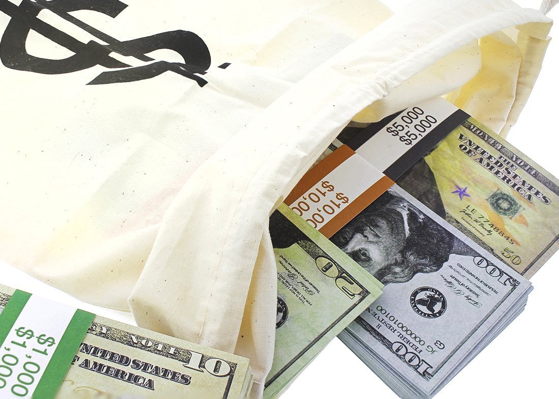 Robber Large Fake Money Drawstring Bag Pouch with Dollar Sign Design Humorous Party Favor Carry Bag 16 x 11 inches Cream