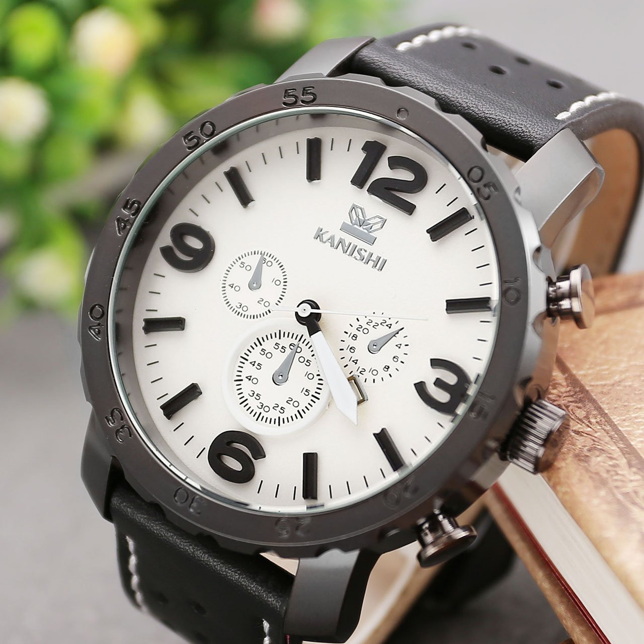 JSDDE Herren-Armbanduhr XL Uhren Herren Echtleder Band Kalenderuhr Traveler unecht Chronograph Analog Quarzuhr,Schwarz/Weiss