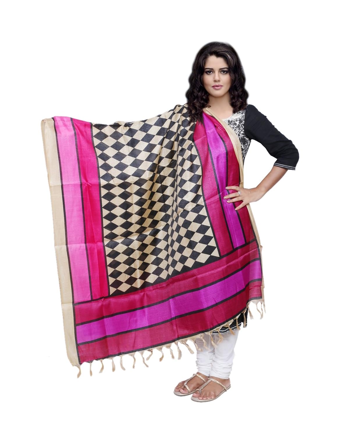 indiweaves women bhagalpuri/tussar silk digital print pink+black dupatta