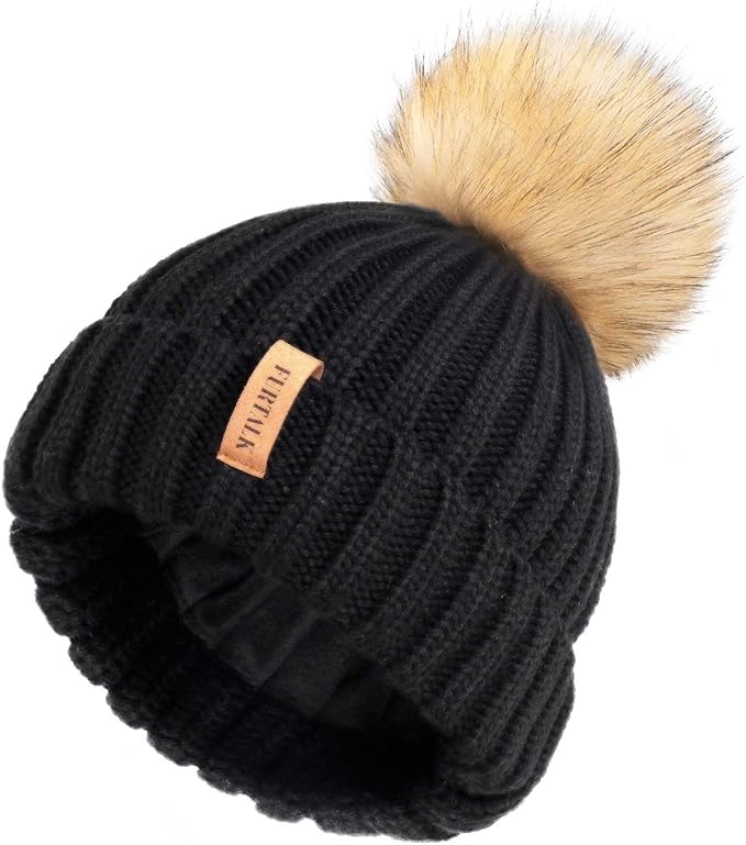 Furtalk Winter Hats For Women Double Layer Fleece Line Beanie Hat With Faux Fur Bobble Pom Pom Hats Black Amazon Co Uk Clothing