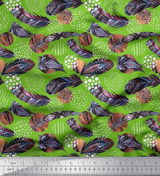 Soimoi Grun Satin Seide Stoff Brush Stroke & Federn afrikanisch Drucken