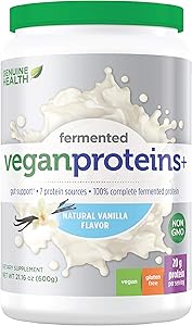Genuine Health Fermented Organic Vegan Proteins+, Natural Vanilla Protein Powder, 20g Protein, 21.16 oz tub, 20 servings