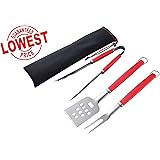 Unicook Classic Stainless Steel 3-Piece BBQ Tool Set with Storage Bag, Red Color Easy to Grip Handle, Including Multi-Function Spatula,Tongs,Fork and Storage Bag, Easy Cooking and Clean Up