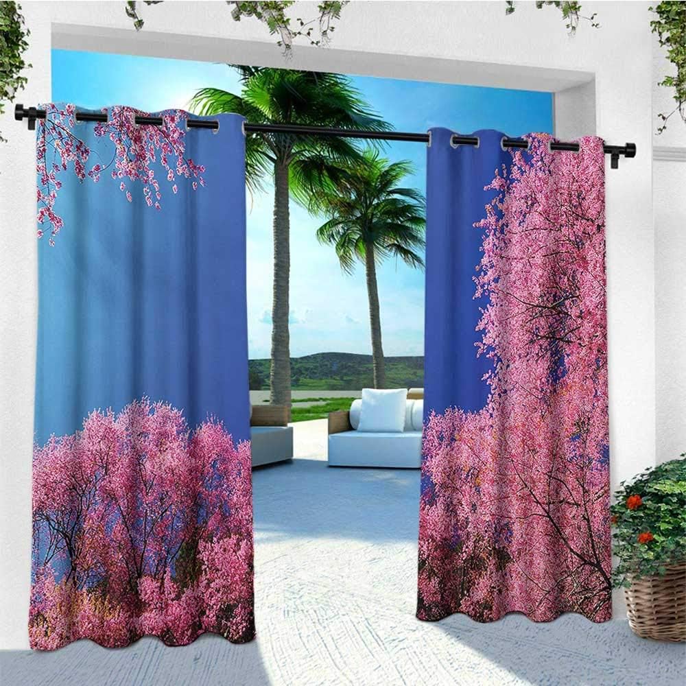 leinuoyi Floral, Outdoor Curtain Panels Set of 2, Cherry Blossom with Clear Sky Sunny Day View Country Road Garden Spring Landscape, Balcony Curtains W96 x L96 Inch Fuchsia Blue