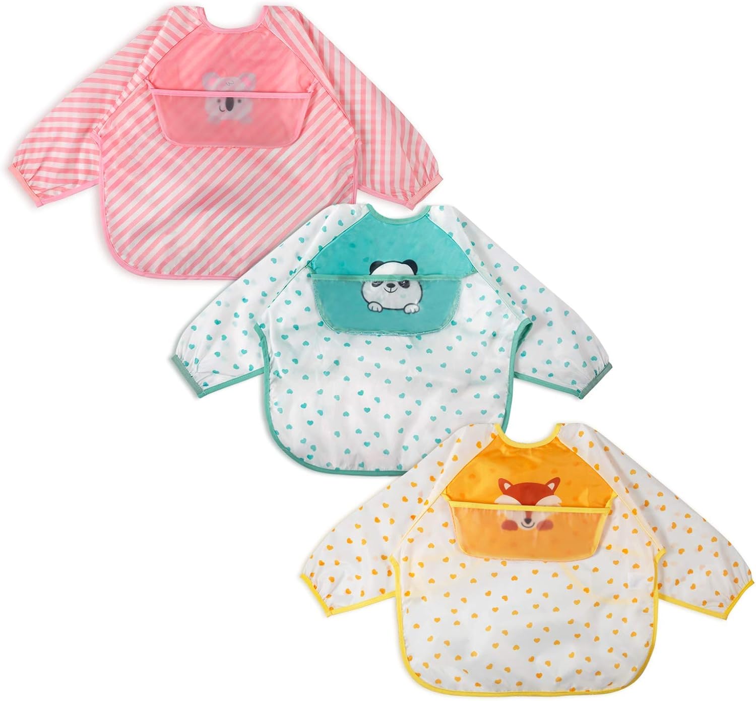3 Pcs Long Sleeved Bib Set Baby Waterproof Bibs with Pocket Bundle
