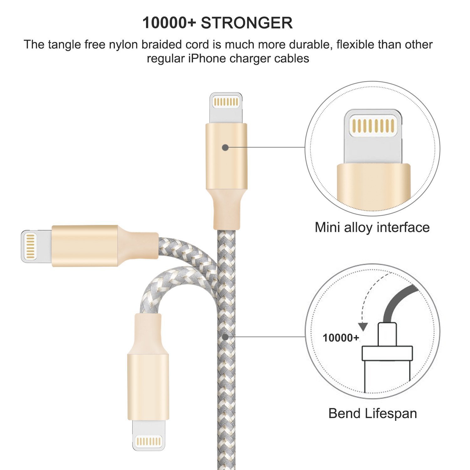 Lightning Cable, Quntis 3Pack 6FT Nylon Braided iPhone Charger Lightning to USB Cable Charging Cord for iPhone X 8 8Plus 7 7 Plus 6s 6s Plus 6 6 Plus 5 5S 5C SE and More (Champagne Gold)