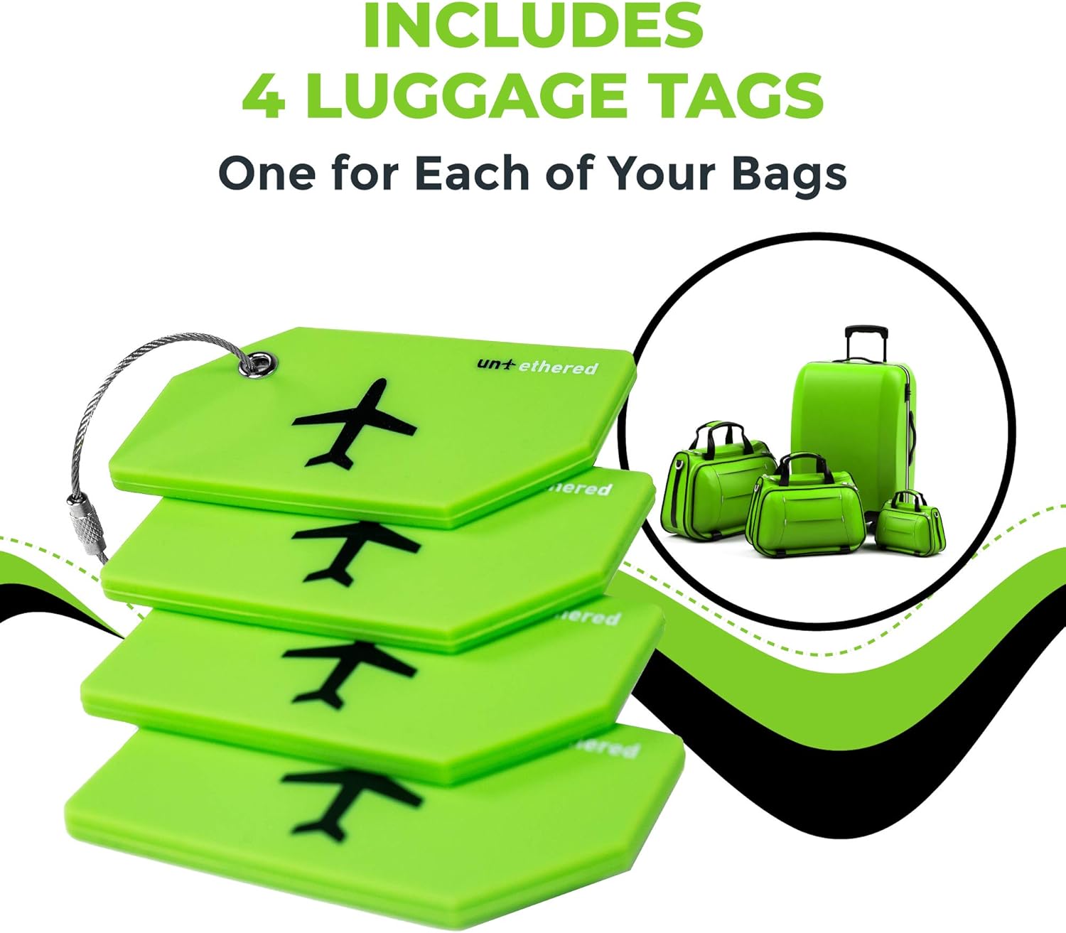 Untethered Luggage Tag Set | 4 Pack Flexible & Bright Silicone Baggage Tags for Travel & Suitcases. Includes Name Cards with Partial Privacy Cover & Stainless Steel Loops for Secure Fastening (Green): Office Products
