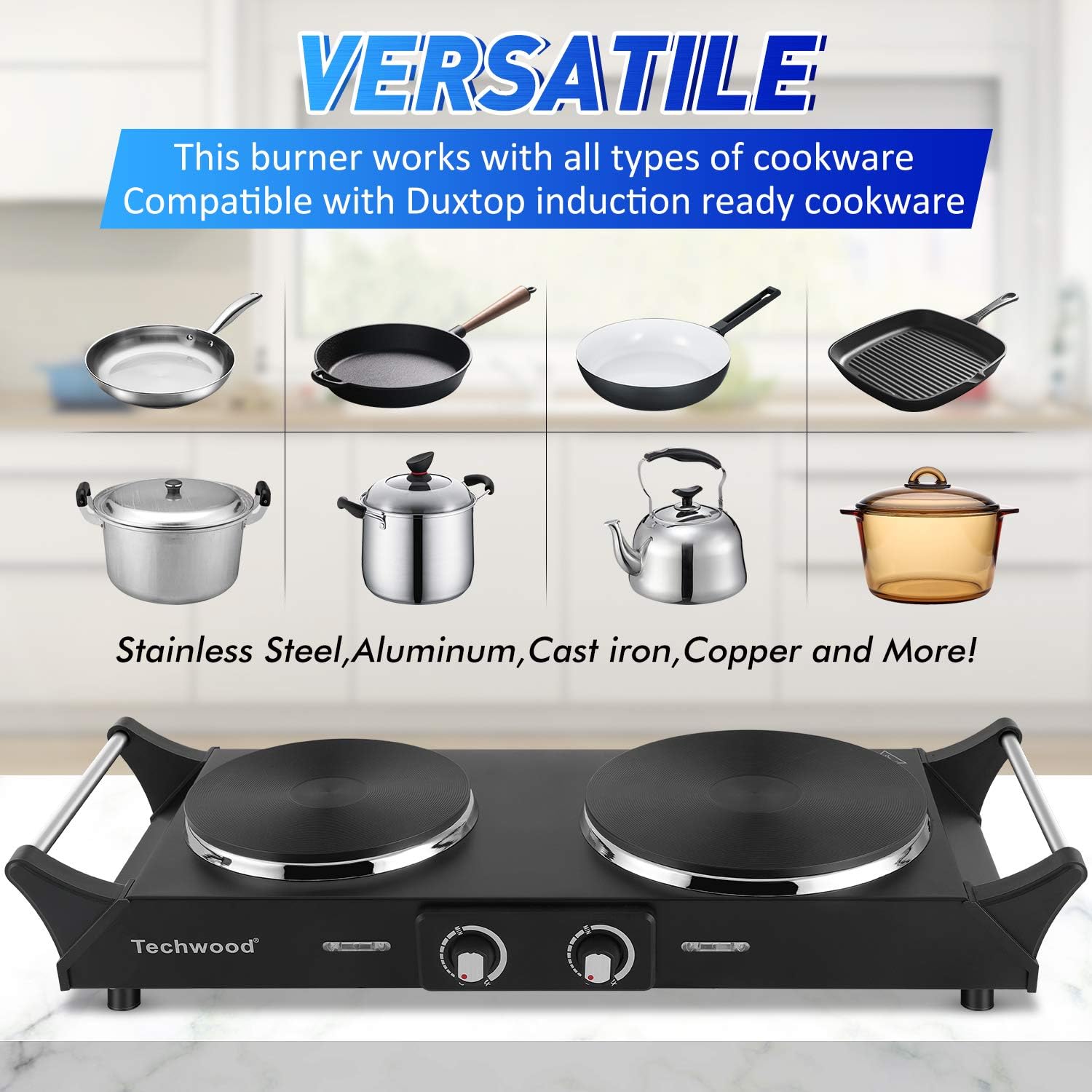 Techwood 1800W Hot Plate Portable Electric Stove Countertop Double Burner with Adjustable Temperature & Stay Cool Handles, 7.5” Cooktop for RV/Home/Camp, Compatible for All Cookwares: Kitchen & Dining