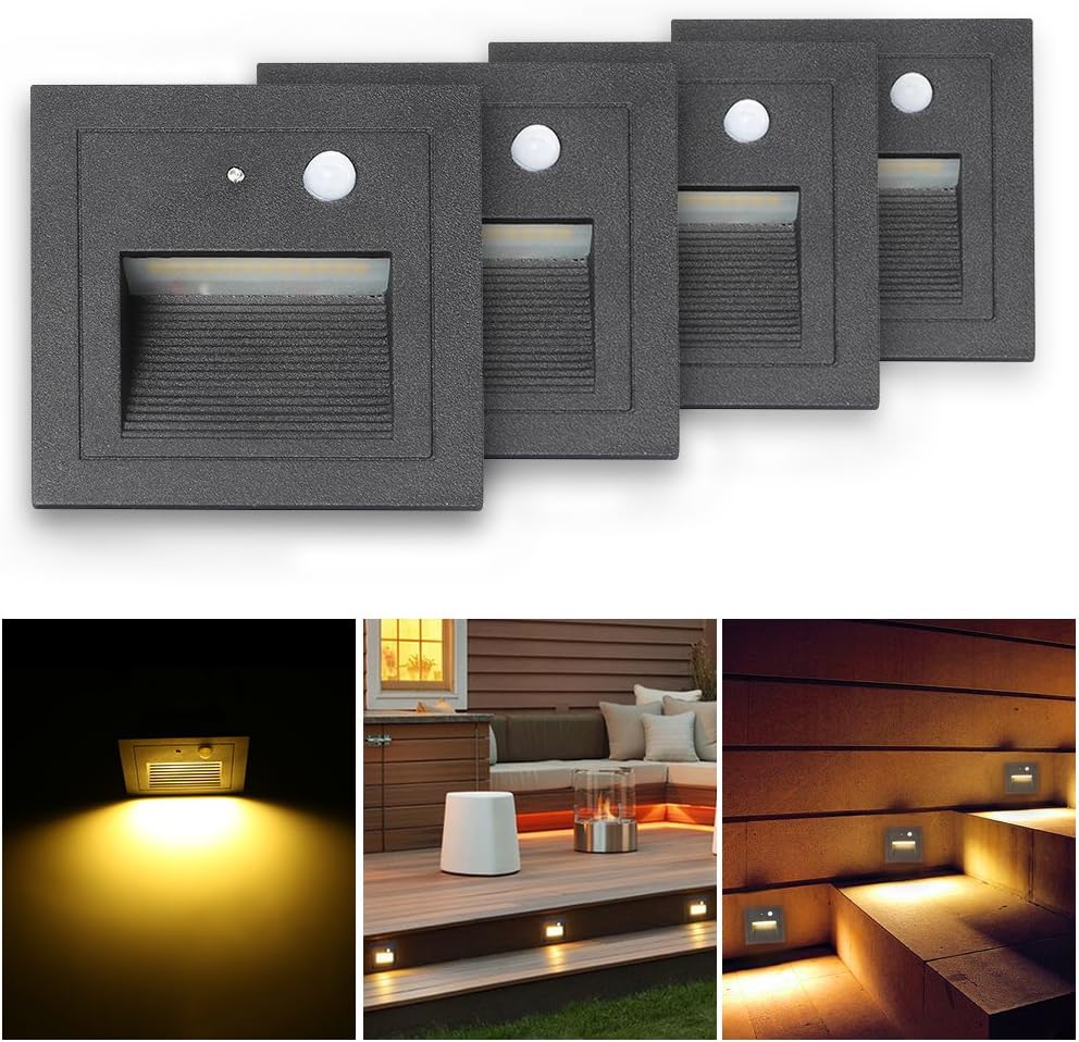 Single Wall Light 3 W LED Recessed Stairs Light Step Light Lamp Motion Detector Recessed Floor Light Stair Light 2800 K Warm White Pack of 4