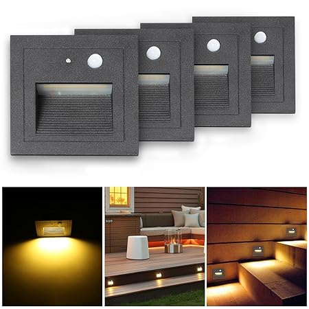 SUBOSI 4er LED Wandeinbaustrahler 3W Wandleuchte Treppen Stufenlicht Lampe Bewegungsmelder Boden Einbauleuchte Treppenleuchte