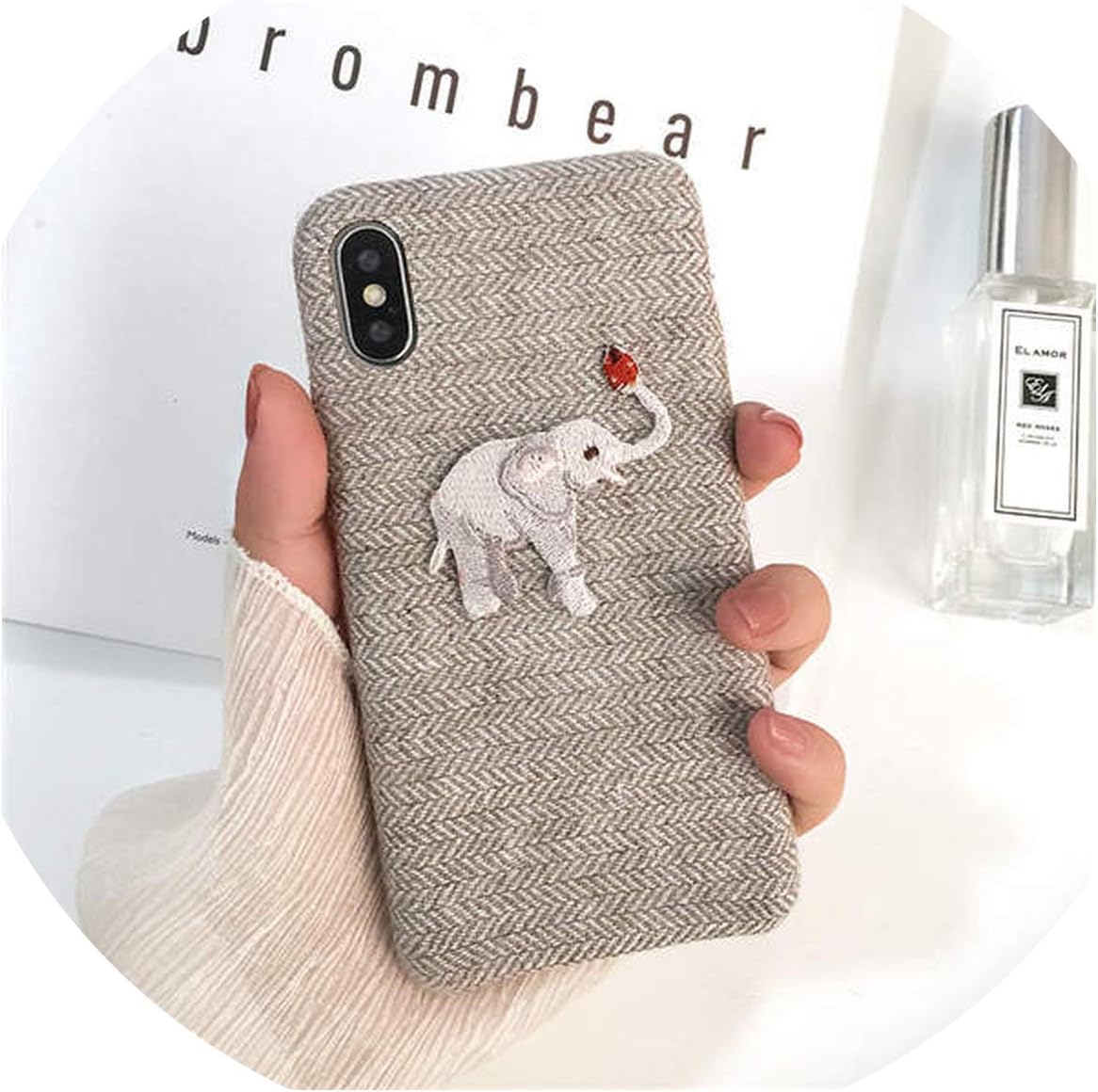 Cute Embroidered Elephant Raccoon Penguin Linen Cloth Phone Case for iPhone 11 Pro Max Cover-in Half,for iphone11Pro Max,1