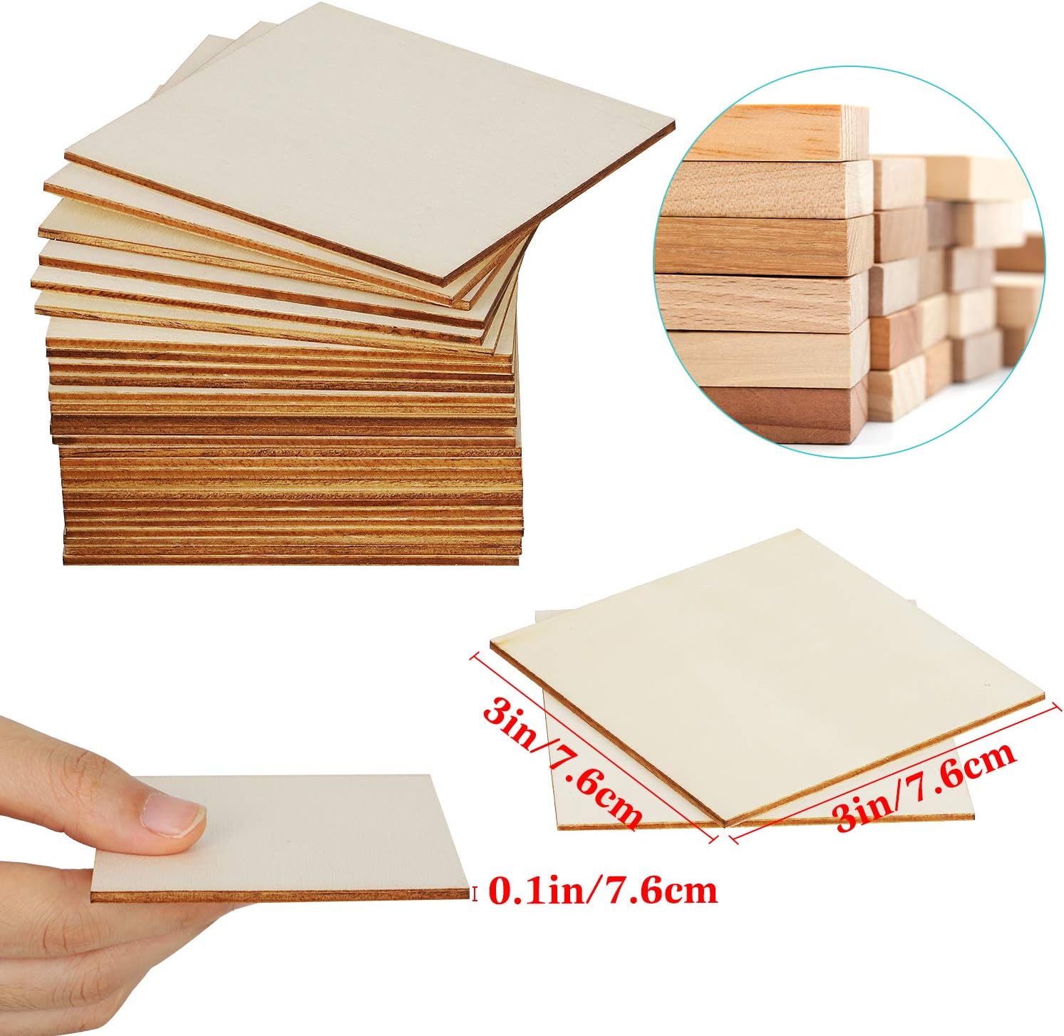 Unfinished Wood Board - 100Pcs 3 x 3in Blank Natural Slices Wood Square for DIY Crafts Painting, Scrable Tiles, Coasters, Pyrography, Decorations