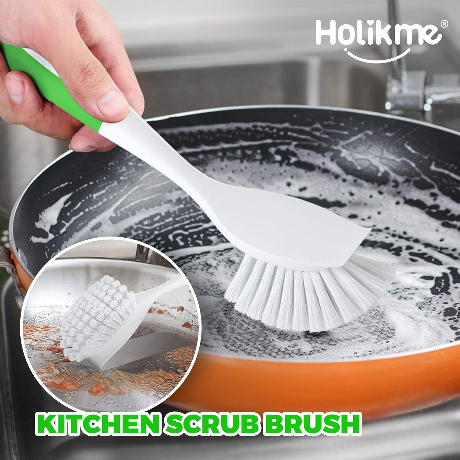 Holikme 5 Pack Kitchen Cleaning Brush Set, Dish Brush for Cleaning, Kitchen Scrub Brush&Bendable Clean Brush&Groove Gap Brush&Scouring Pad for Pot and Pan, Kitchen Sink, Green: Kitchen & Dining