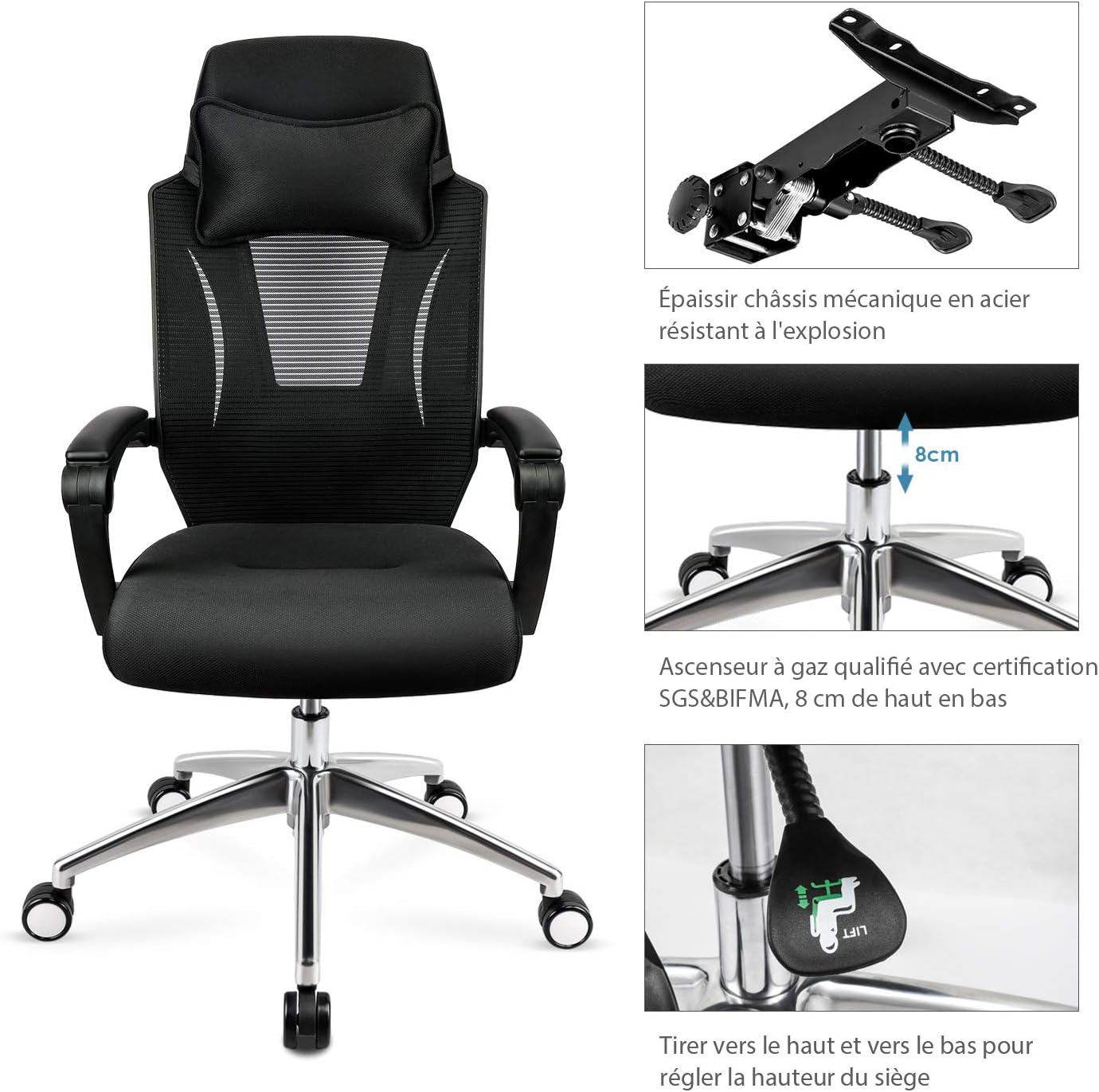 Chaise de Bureau Ergonomique Confortable avec Oreiller Supplémentaire Soutien Lombaire Ajustable
