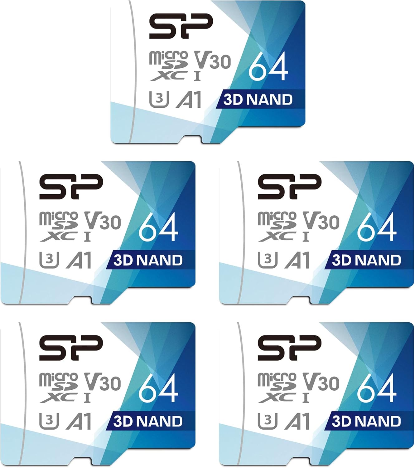 Silicon Power 64GB 5-Pack R/W up to 100/ 80MB/s Superior Pro Micro SDXC UHS-I (U3), V30 4K A1, High Speed MicroSD Card with Adapter