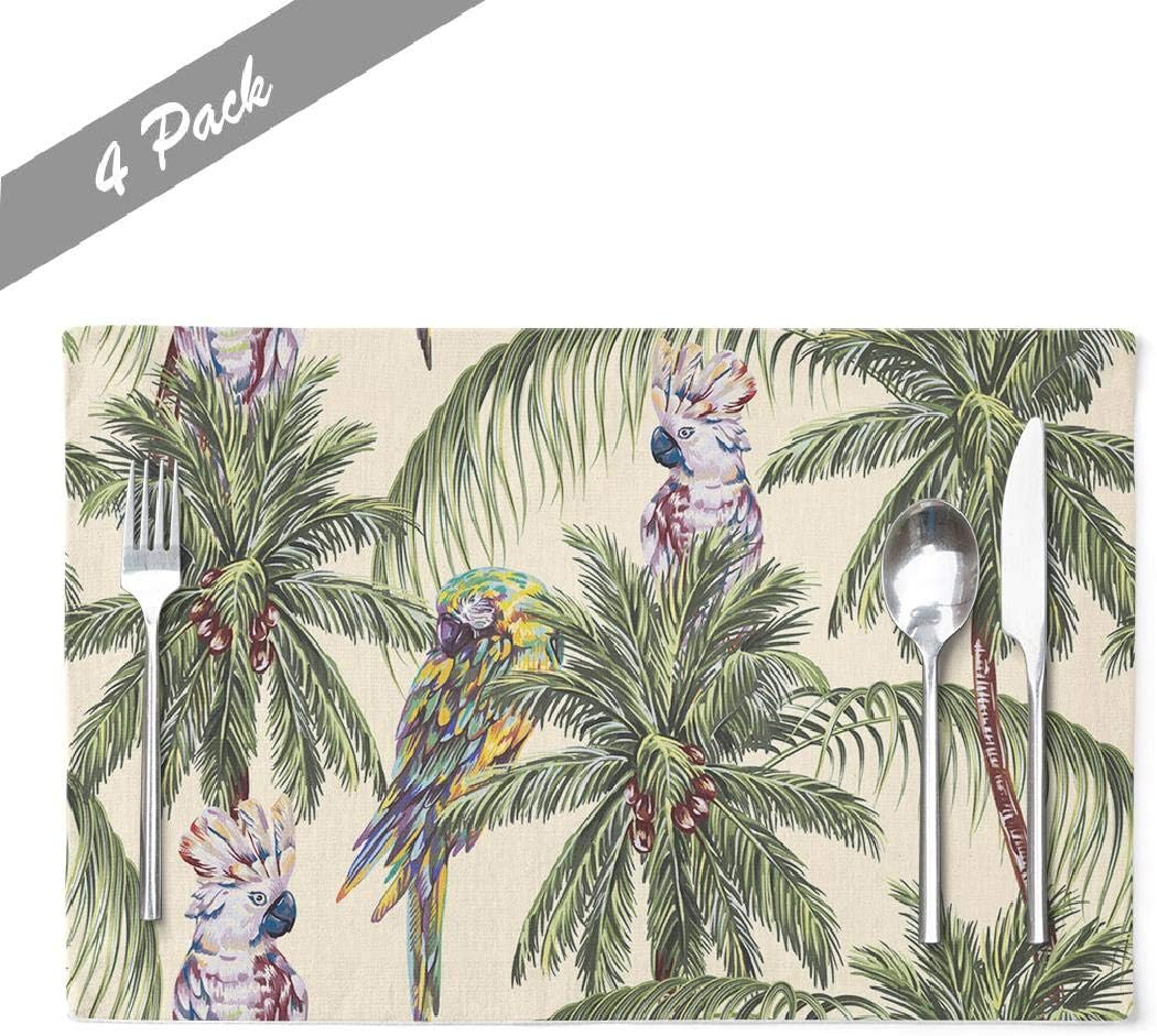KJONG Vintage Placemats, Cafe Placemats Tropical Floral with Parrots Exotic Birds Palm Trees Dining Placemats Colorful Placemats for Home Kitchen Decorations 18 x 12 Inches, Forest Green