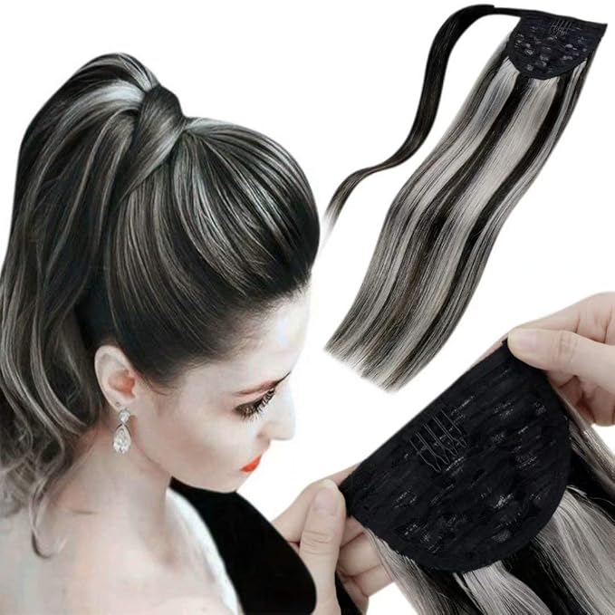 LaaVoo 14inch Black Grey Human Hair Ponytail Extension Clip on Color