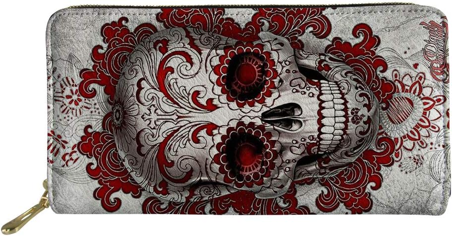 Woisttop Red Sugar Skull Candy Skull Maxican Day of The Dead Skeleton Dead Head Skull Floral Wallet Gift for Women Girls Wallet Zip Phone Clutch Large Travel Organizer