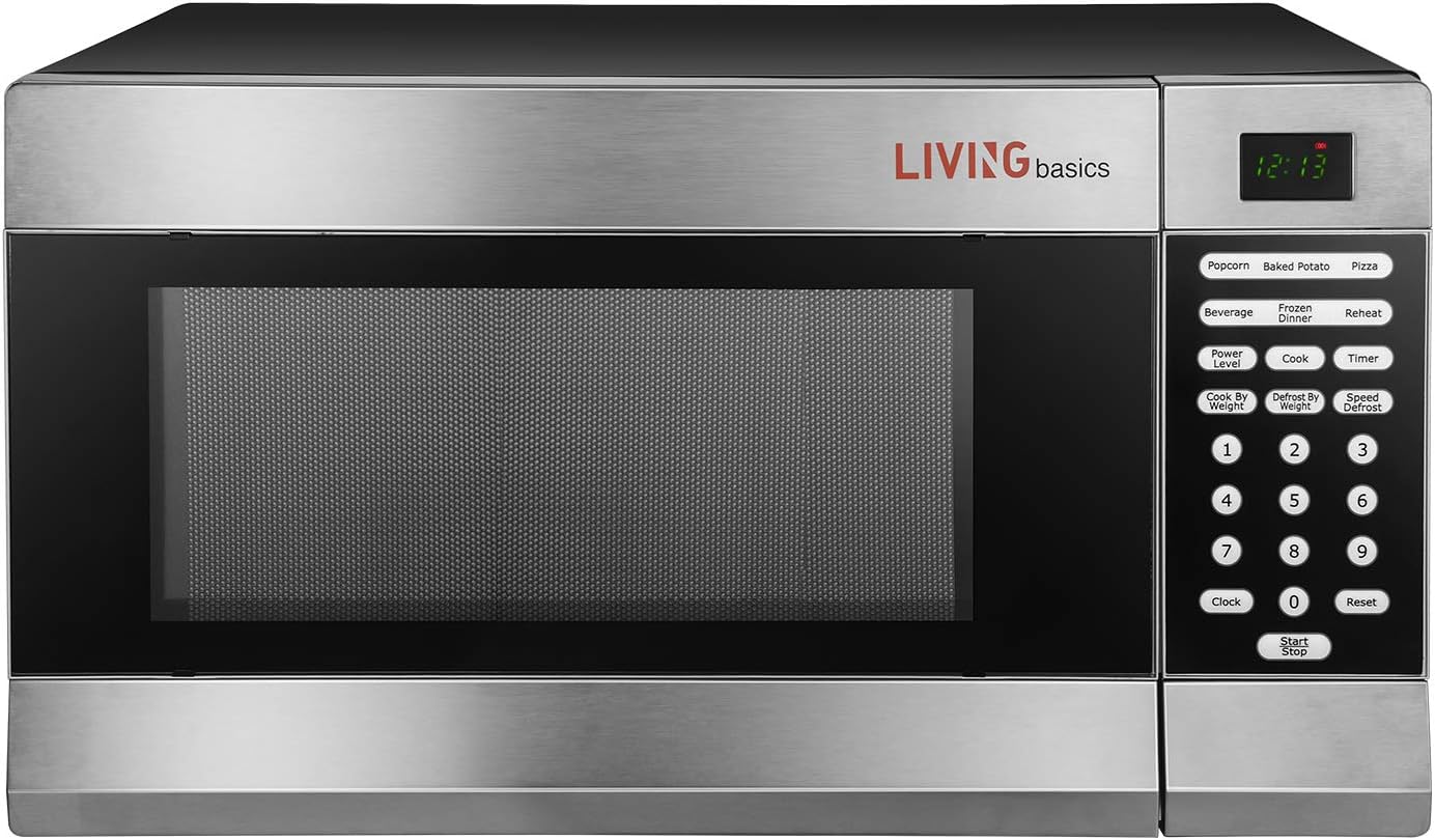 LIVINGbasics™ 1.1 Cubic Feet 1350W Countertop Microwave Oven with LED Lighting, Stainless Steel
