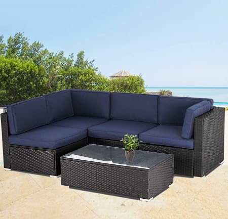 Amazon Com Incbruce 5 Piece Patio Furniture Set Outdoor Sectional Sofa All Weather Manual Weaving Chocolate Brown Wicker Rattan Conversation Set With Glass Coffee Table Navy Blue Garden Outdoor