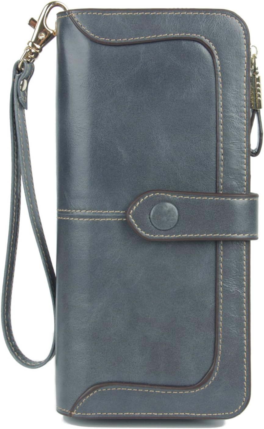 Anvesino Women's RFID Blocking Large Capacity Leather Clutch Wallet Zipper Purse Ladies Credit Card Holder Organizer(1-Waxed Blue Gray)
