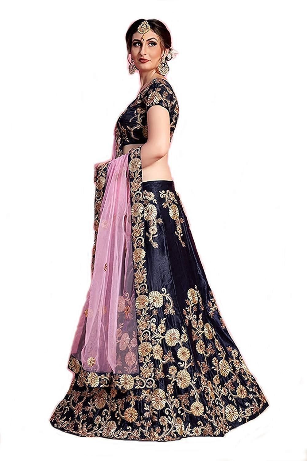 libra enterprise women's embroidered velvet lehenga choli with blouse piece (navy blue)