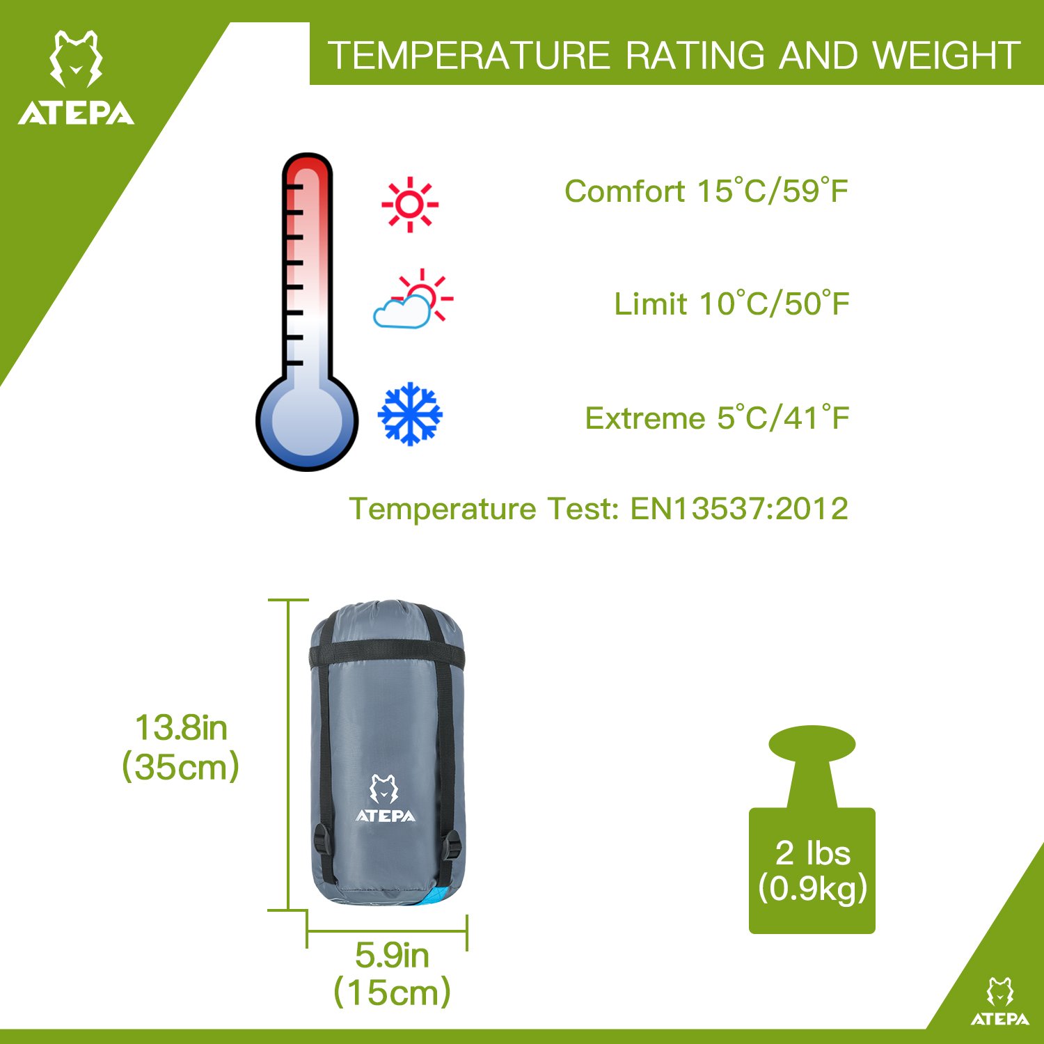 ATEPA Ultra-light Durable Comfort 3-season 32 Degree F/ 41 Degree F Envelope Adult Sleeping Bag (41 Degree / Blue, Left Hand)