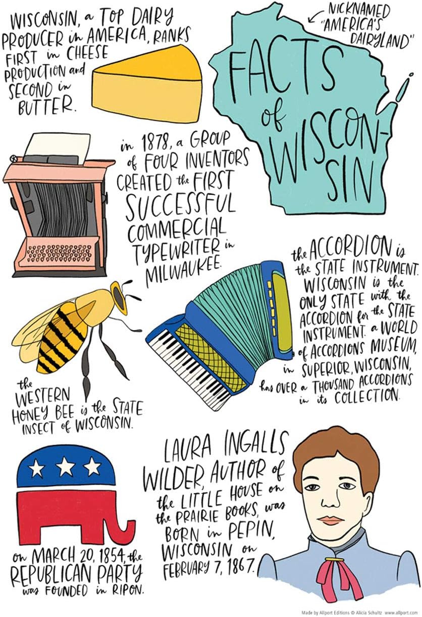 Allport Editions Wisconsin State Facts Kitchen Towel - 100% Cotton Kitchen Dish Towel