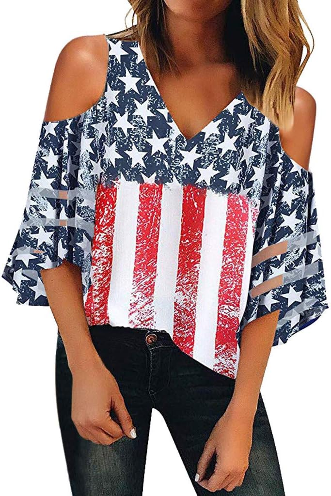 Misaky Women's American Flag Off Shoulder Mesh Panel Blouse 3/4 Bell Sleeve Top Shirt