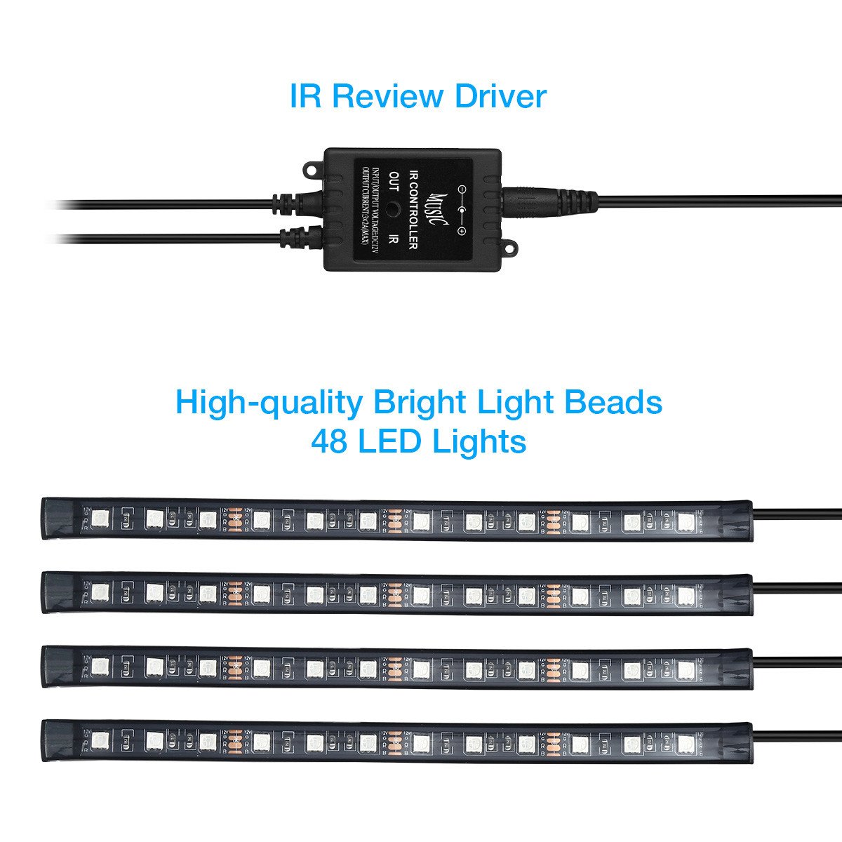 isYoung Lot de 4 Bande Lumières de Voiture 48 Lumières intérieur de Musique Multicolores de LED d\'Ambiance de Décoration, Télécommande sans Fil