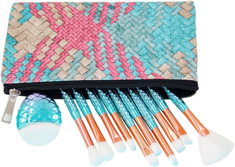 Mermaid Makeup Brushes Sets, NIZIYI 11PCS Mermaid Makeup Cosmetic Brush Set Soft Nylon Bristles Beauty Brushes Kit Foundation Powder Cream Eyebrow Eyeliner Blush Cosmetic Concealer Brush with Bag