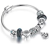 WOSTU 星空の恋 マリンモチーフバングル ダークブルーガラスビーズ チャームブレスレット シルバーメッキ ファッションアクセサリー レディース 17cm