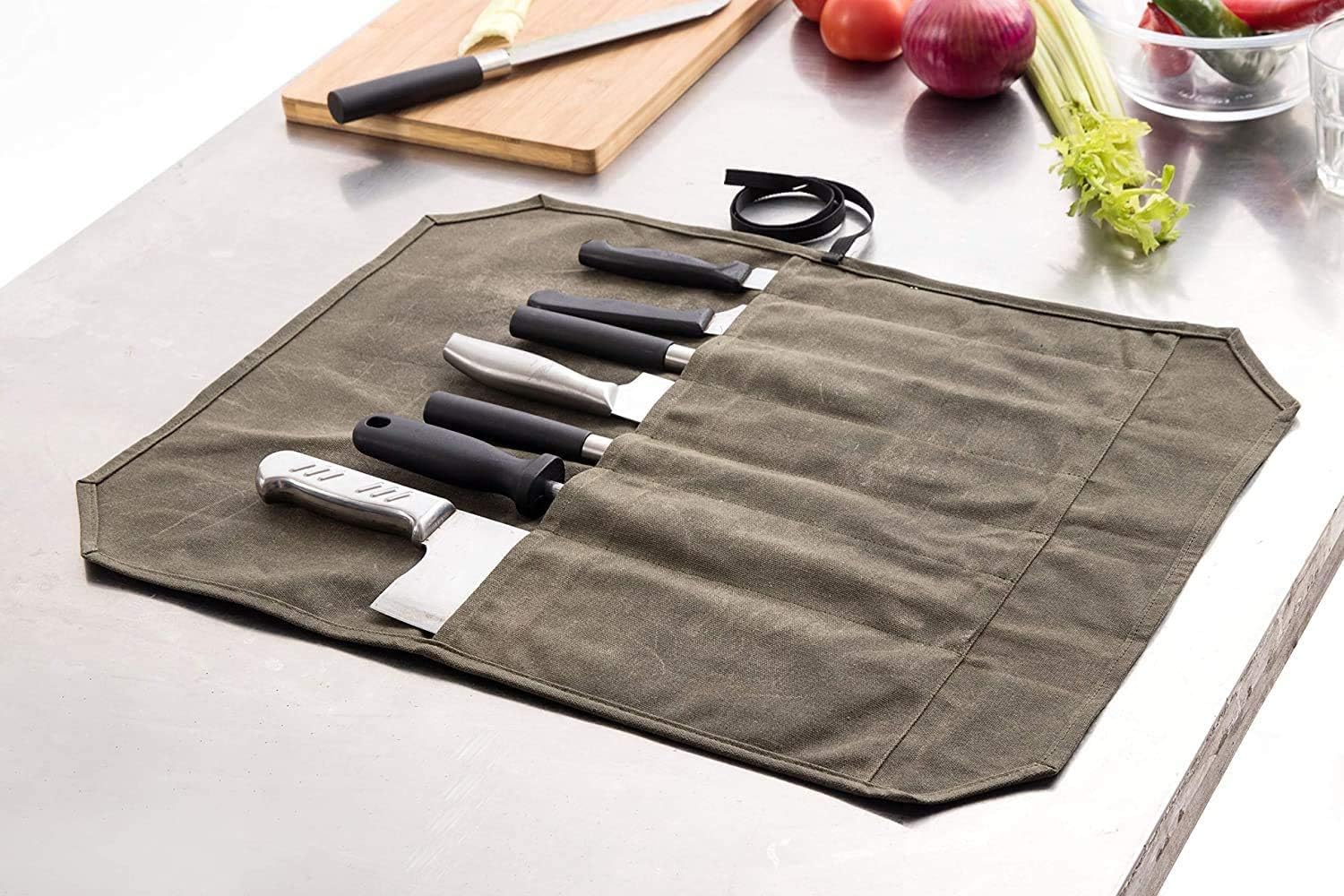 QCWN Waxed Canvas Chef Knife Roll Bag Heavy Duty Storage Knife Cutlery Tool Case with 7 Slots Wrapping Strap (Khaki) - Image 5