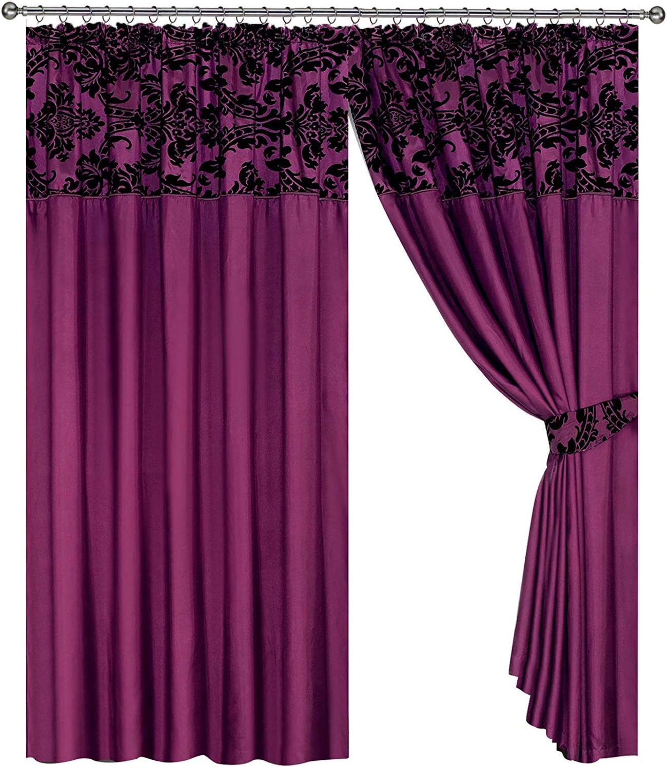 M Premier Half Flock With Plain Design Damask Pencil Pleat Curtains - Aubergine Black (66" X 72" (163cm X 183cm))