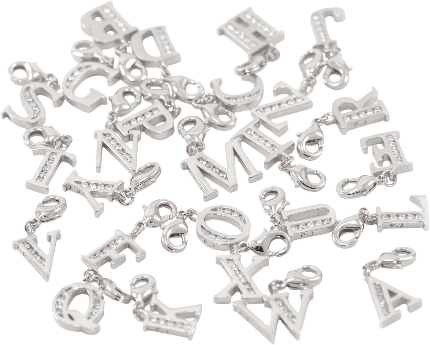 Lobster Clasp Clip On Initial Charms Dangle Cubic Zirconia Letter A, White Gold Plating