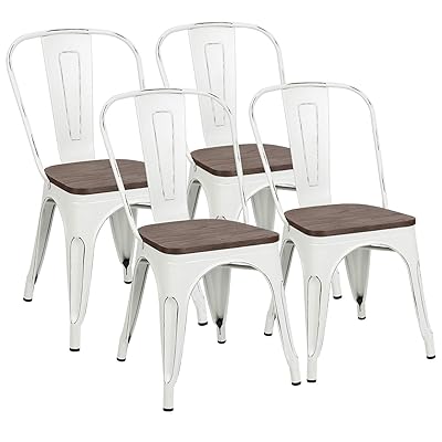 Metal Dining Chairs with Wood Seat, Stackable Industrial Chair Set